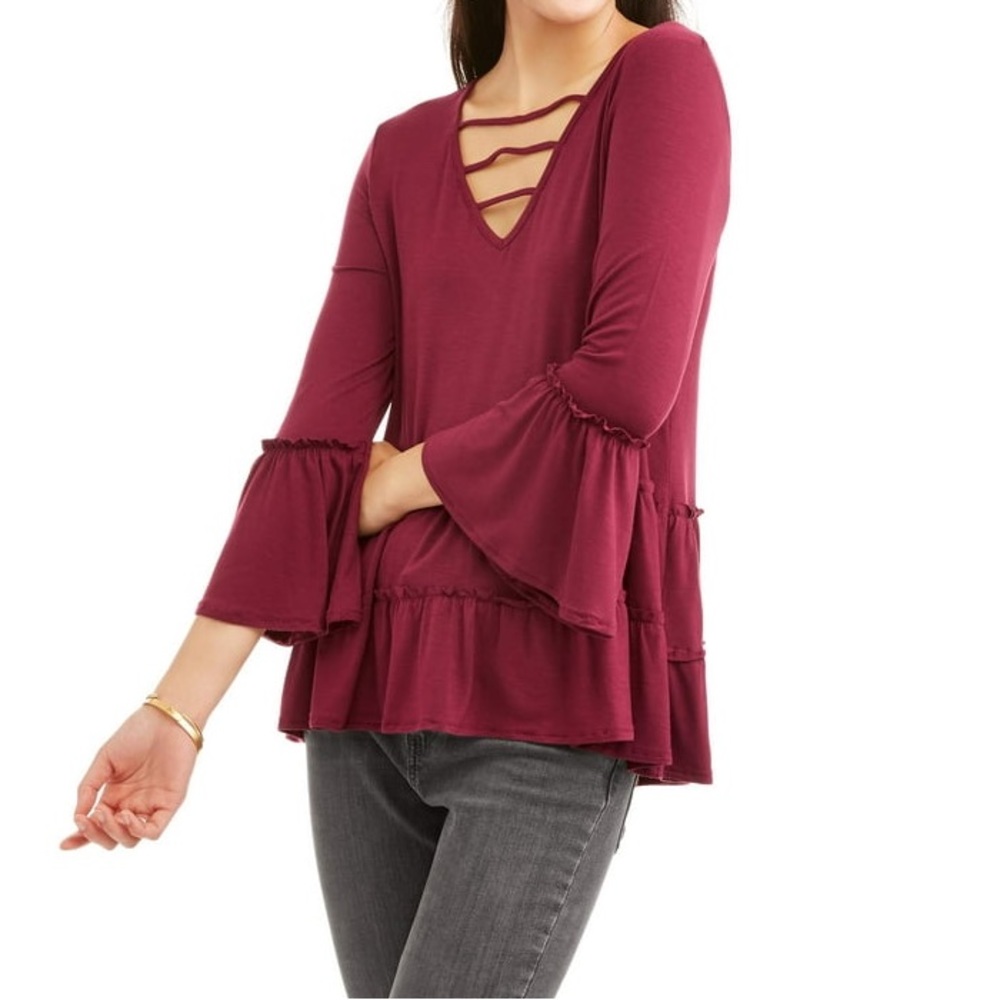 Miss Chevious Bell Sleeve Ruffle Hem Peasant Top Large Burgundy Red Bohemian